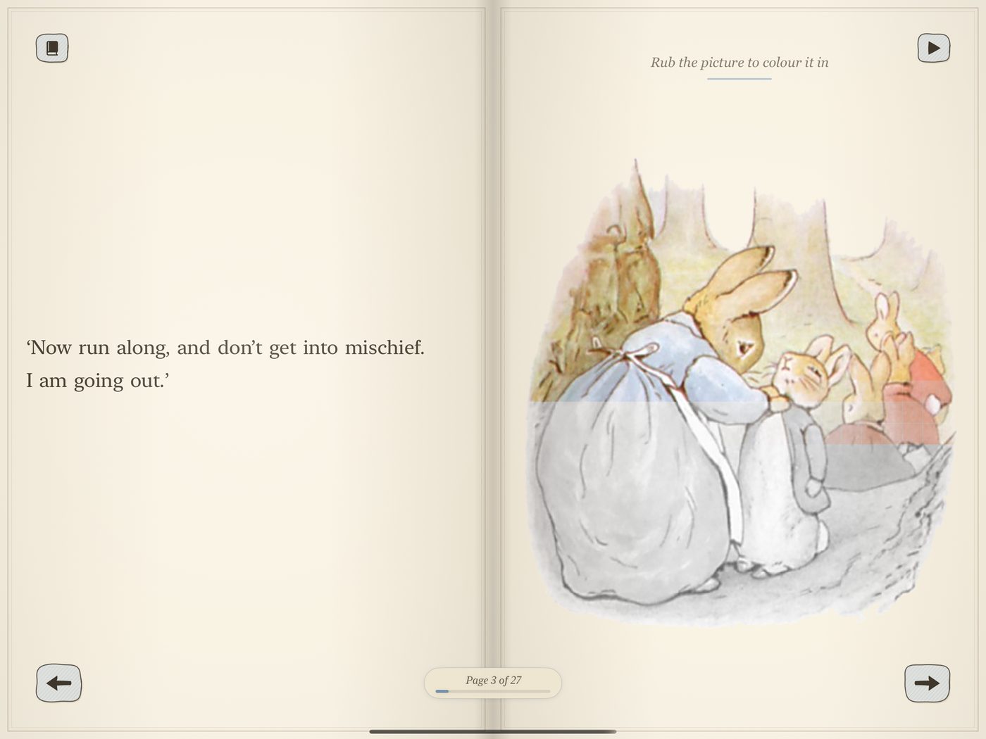 Mrs Rabbit buttoning Peter's coat, the picture partly grey and partly in full watercolour where a finger has rubbed