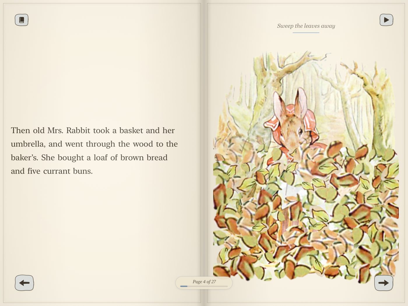 A page half covered in autumn leaves, with Mrs Rabbit and her basket showing through where they have been swept away