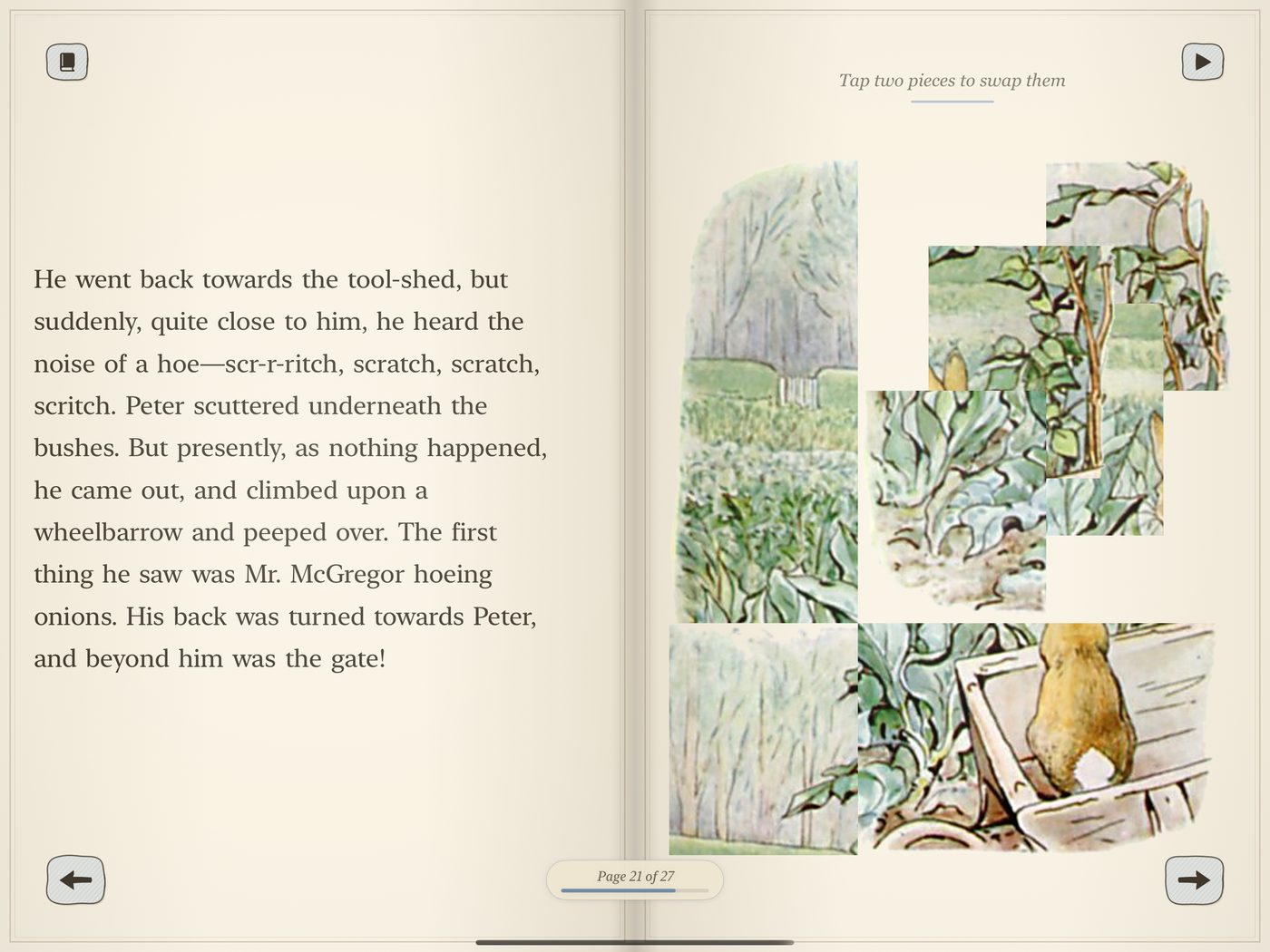 One of Potter's garden pictures broken into sliding tiles, part way through being put back in order
